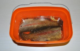 В подходящую посуду наливаем воды, добавляем соль, перец, лавровый лист, хорошенько перемешиваем, в конце добавляем «Жидкий дым» и перемешиваем еще раз. Укладываем форелей, прижимаем тарелкой, чтобы они не всплывали, и защелкиваем плотную крышку. На сутки оставляем рыбу, поместив на нижнюю полку холодильника.