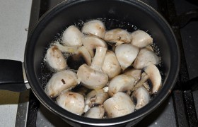 Времени больше, чем достаточно, чтобы приготовить начинку для зраз. Прежде всего поставим варить грибы. Каким грибам сколько положено вариться – смотрите в  справочнике . Готовые грибы охлаждаем и измельчаем. 